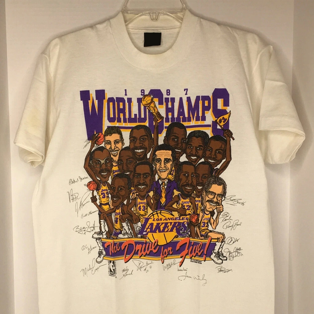 Vintage 1987 Champion Los Angeles Lakers Caricature The Drive For Five Shirt