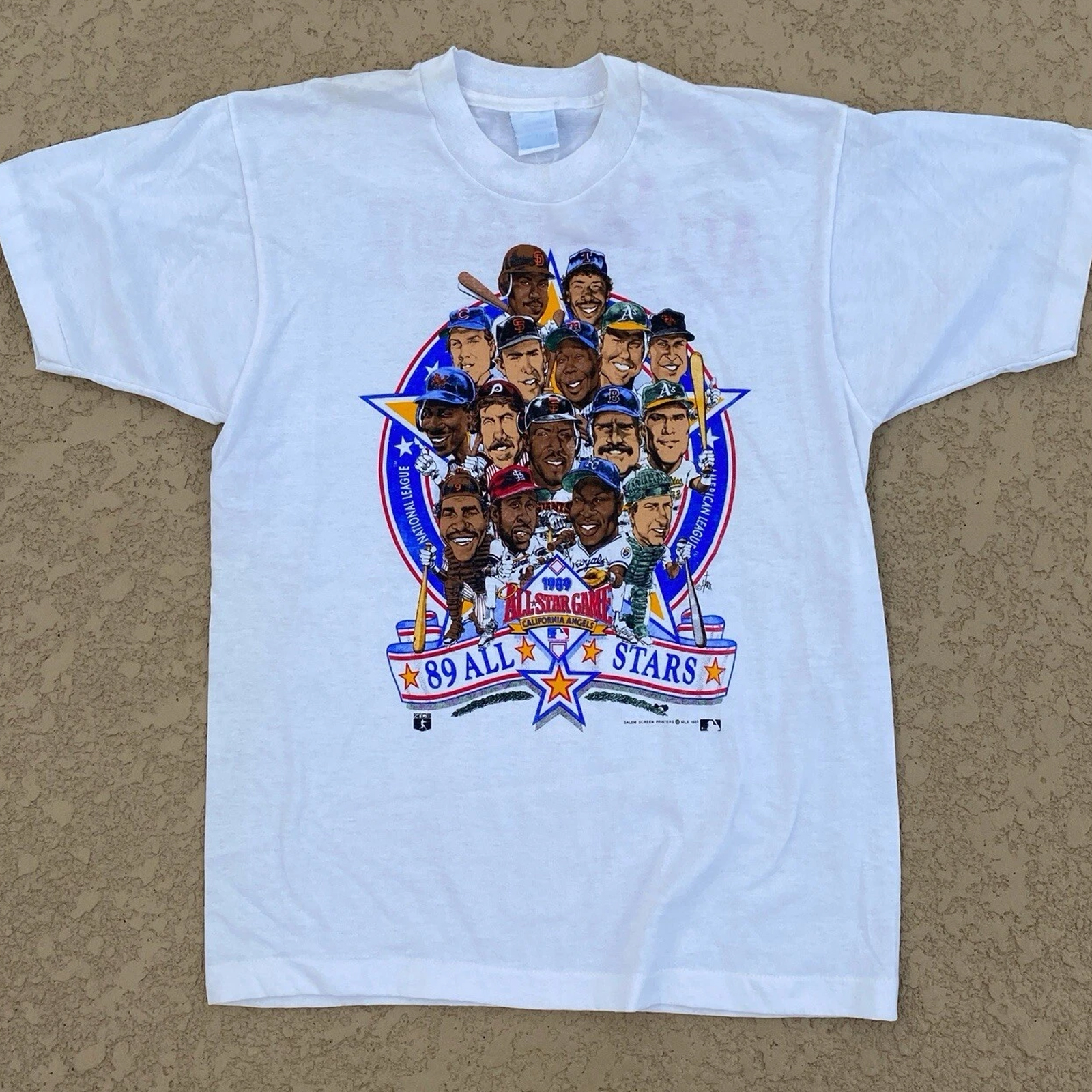 Vintage 1989 Baseball All-Star Game Caricature California Angels Shirt Front