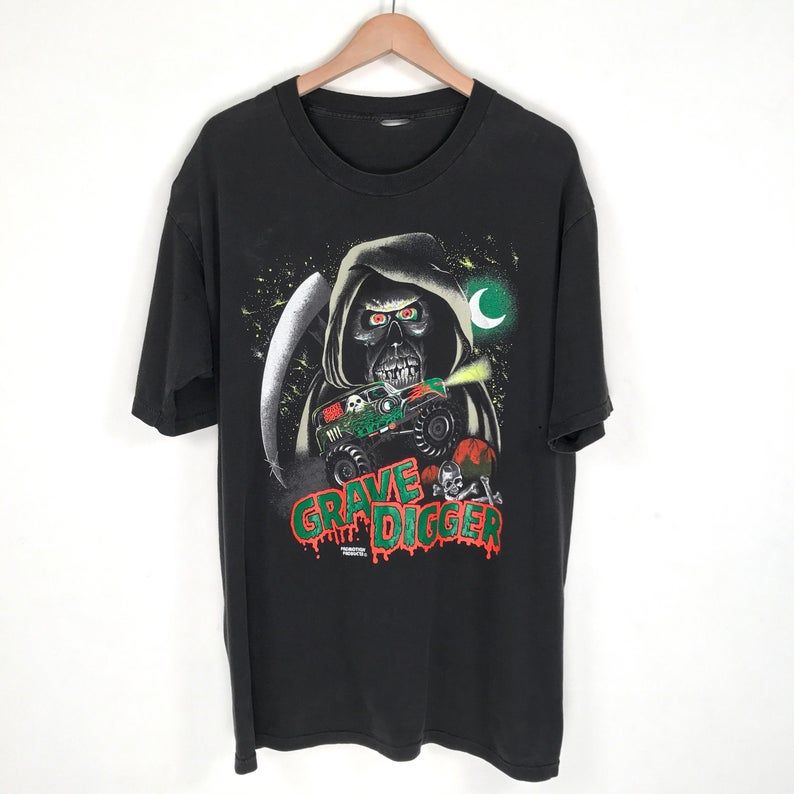 90S Grave Digger Monster Truck Promo Shirt Vintage 90S Grim Reaper Grave Digger Promotion Products Print Monster Truck Tee