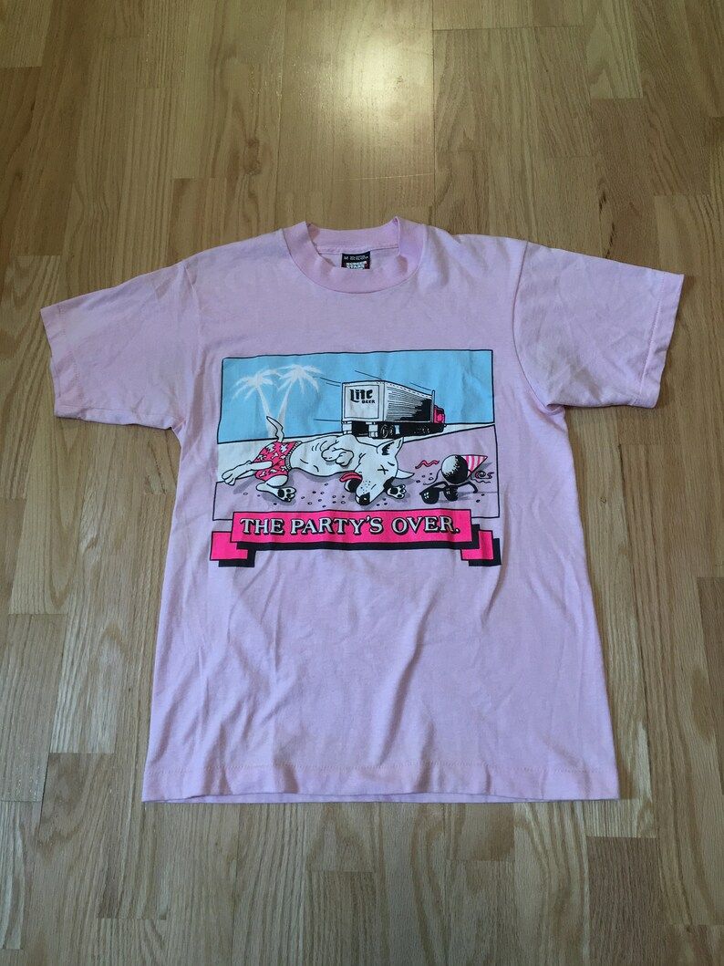 Bootleg Miller Lite Beer The Partys Over Spud Mckenzie Pink Cotton Polyester Blend Screen Stars T Shirt