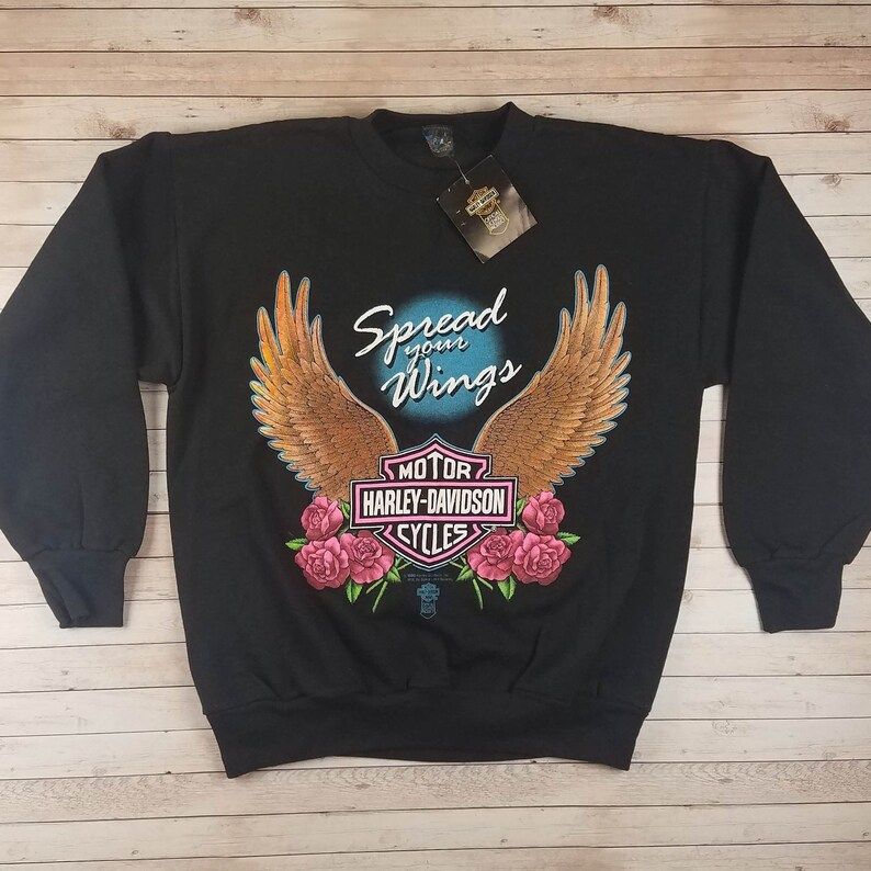 Brand New 1980S Harley Davidson Motorcycles Spred Your Wings Roses Tophalf Licensed Black Crewneck Sweatshirt Arge Nwt New With Tags