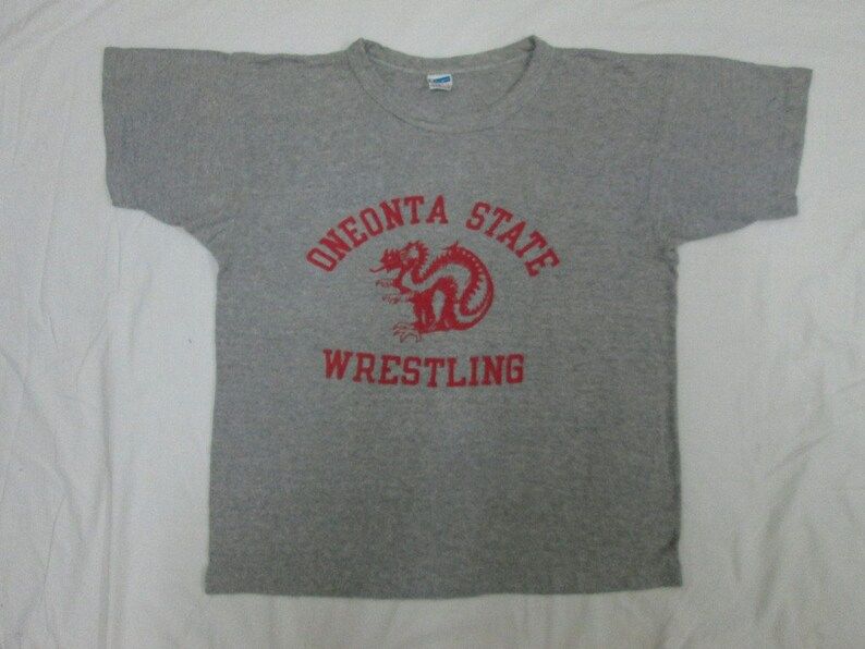 Champion Shirt Vintage Oneonta State Wrestling Champion Blue Bar Gray T Shirt Rare