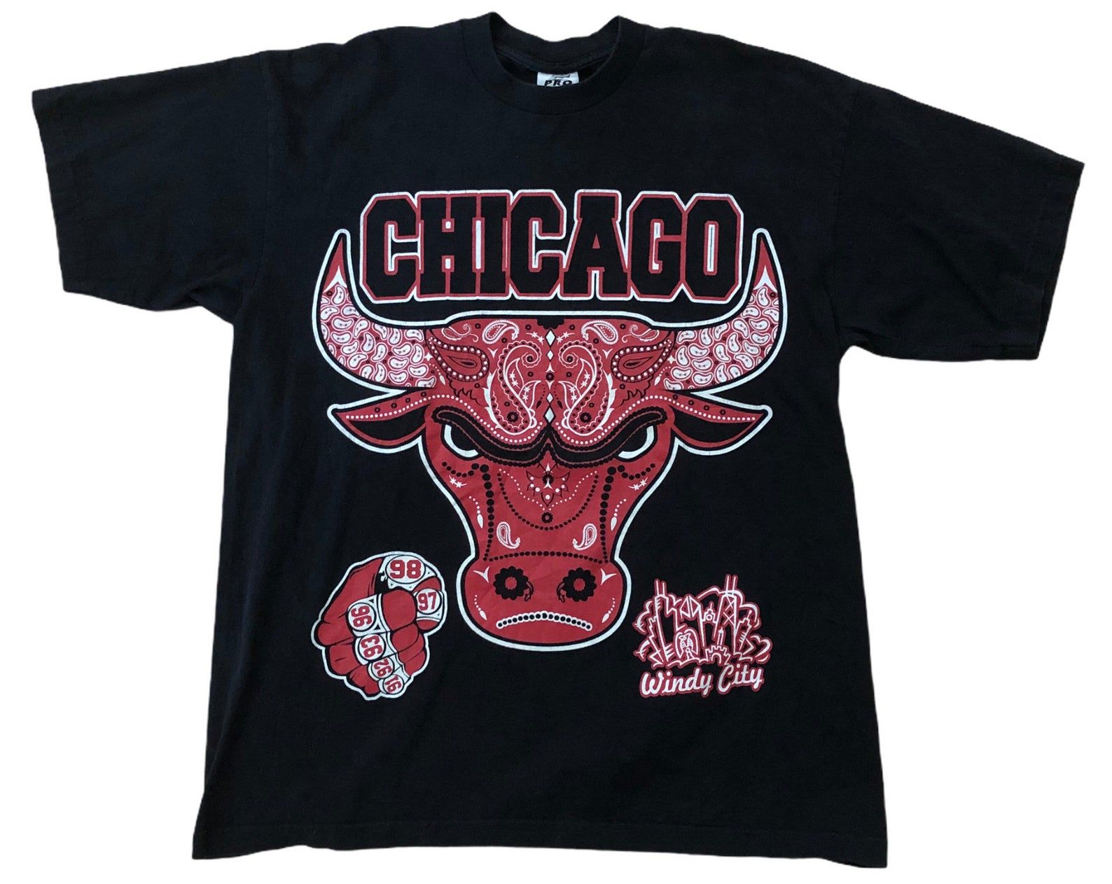 Chicago Bulls Vintage 90S 6 Time Champions 1998 Rings Nba Finals Jordan Rodman Red Bandana Rap Tee Grafi Windy City 2 Black T-Shirt