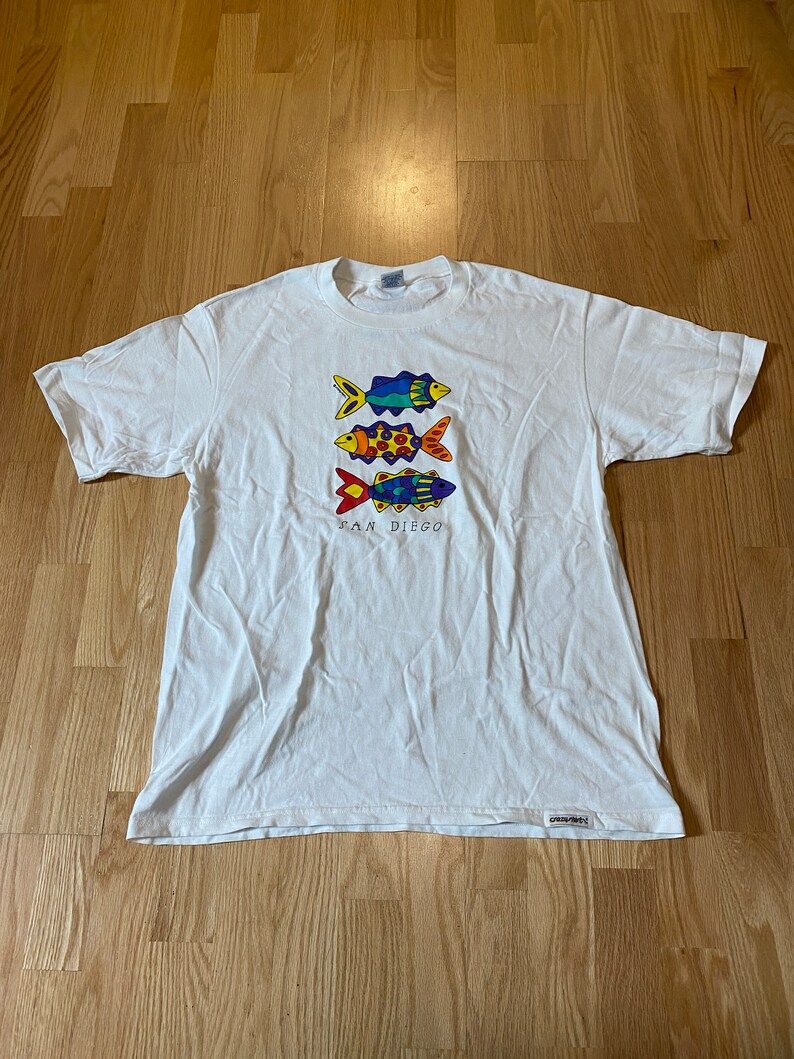 Crazy Shirt San Diego Fish Cartoon White Single Stitch Short Sleeve T Shirt
