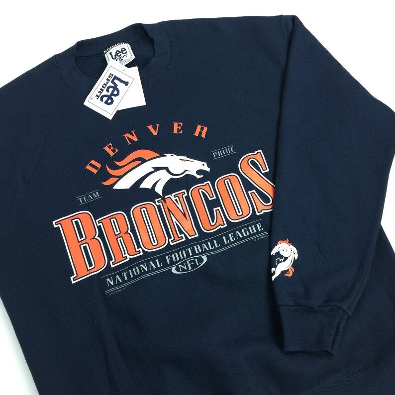 Deadstock Nwt Vintage 90S Nfl Denver Broncos Lee Sport Navy Blue Pullover Crewneck Football Graphic Sweatshirt