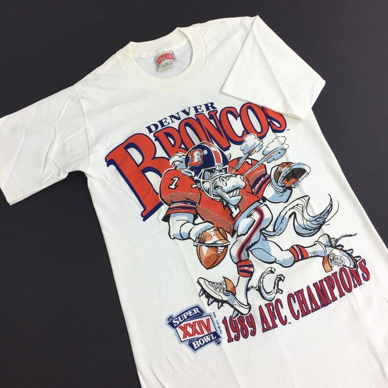 Deadstock Vintage 80S 1989 89 Nfl Denver Broncos Super Bowl Xxiv Afc Champions Football Graphic Tee T Shirt