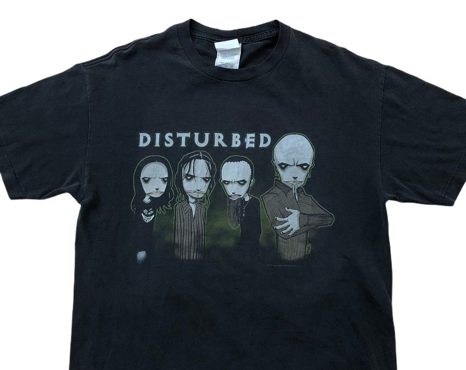 Disturbed Vintage Band Caricature Heavy Metal Sickness Concert Tour Y2K 2001 Cartoon Usa Black T-Shirt