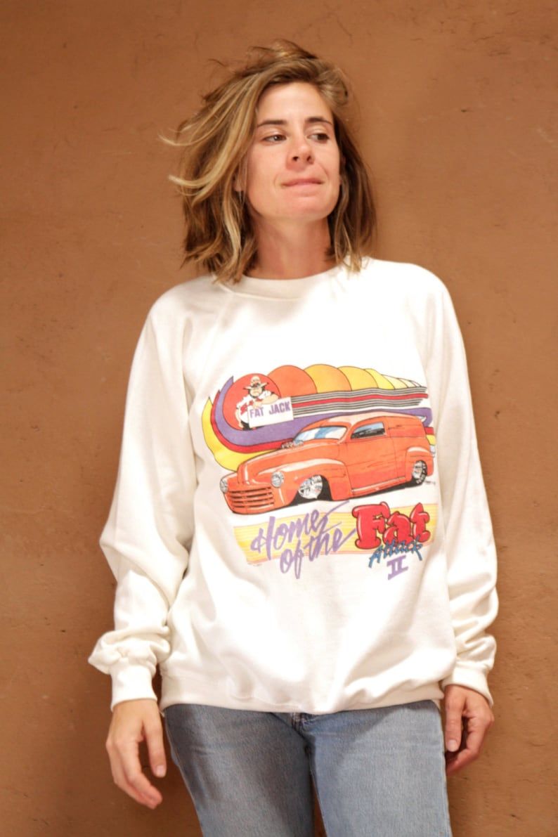 Fat Jack Vintage Car Burger Joint Arizona Slouchy Off White Sweatshirt 80S 90S