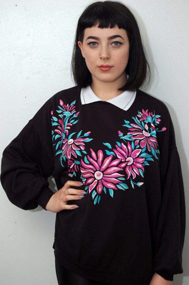 Floral Print Sweater Xl Vintage Black 80S Collar Slouchy Loose Fitting Boyfriend Fit Oversize Thin Soft Grunge 90S Spring Summer Women
