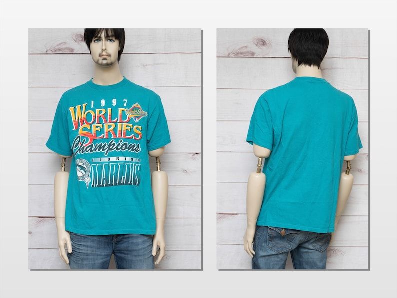 Florida Marlins 1997 World Series Championship Teal Blue Multicolor Graphic Short Sleeve T Shirt