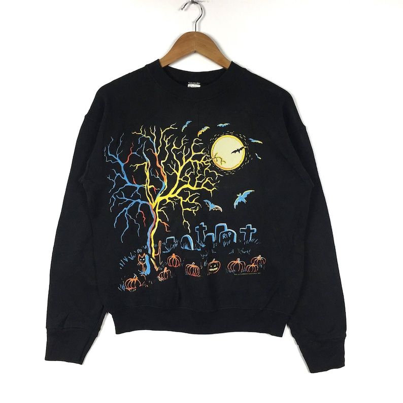 Fruit Of The Loom Printed Rip Nightmare Vintage Garment Graphics Black Crew Neck Sweatshirt