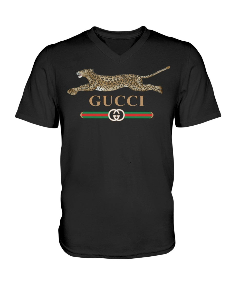 Gucci Logo With Leopard V Neck T Shirt 210929
