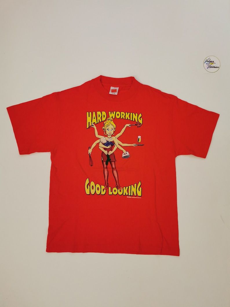 Hard Working Good Looking Red Tee White T Shirt Vtg Sexy Mother Minimalist Cotton T Shirt Great Condition Graphic T Shirt
