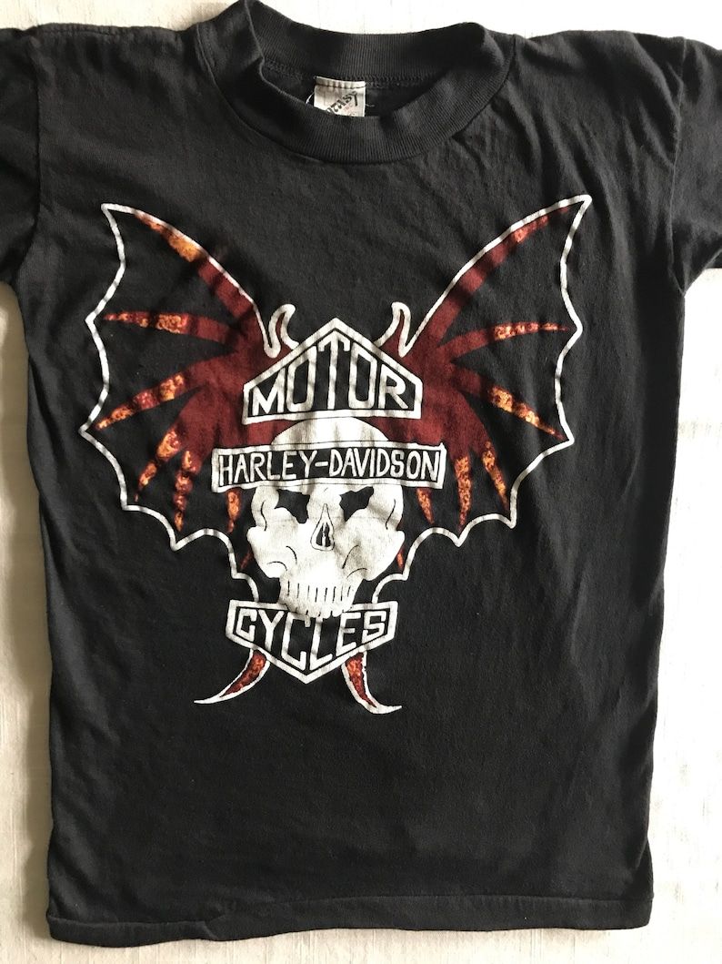 Harley Davidson Motor Cycles Rare Unusual Skull And Bat Graphic Images Black Paki True Vintage T Shirt
