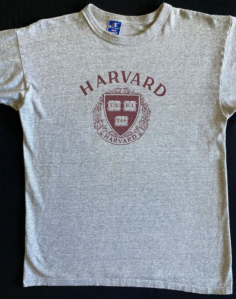Harvard 80S Gray Heather Champion Blue Tag Label Spell Out T Shirt