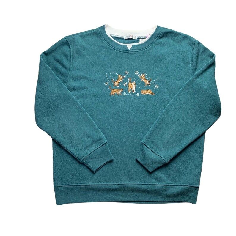 Hasting And Smith Cat Crew Neck Sweatshirt Pullover Teal Petites Medium