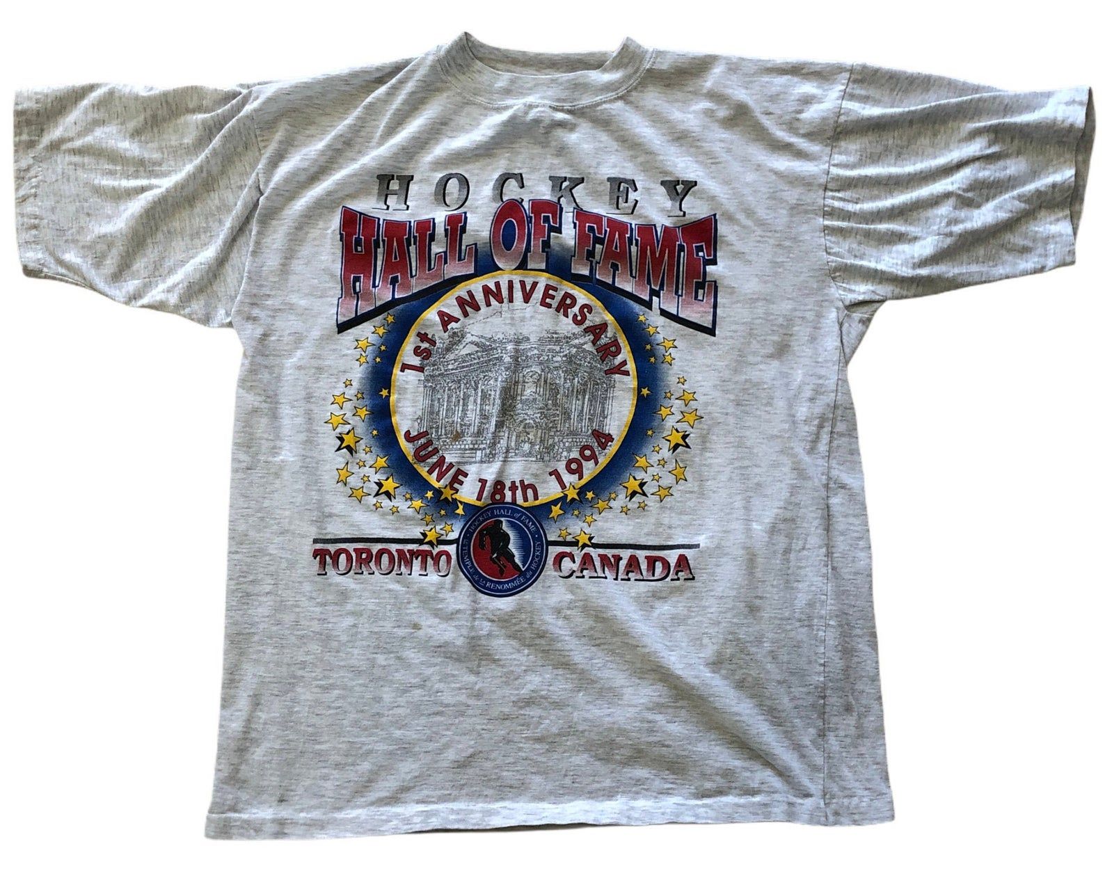 Hockey Hall Of Fame Vintage 1St Anniversary 1994 Toronto Canada Nhl 90S Grunge Gretzky Lemieux Single Stitch Gray T-Shirt