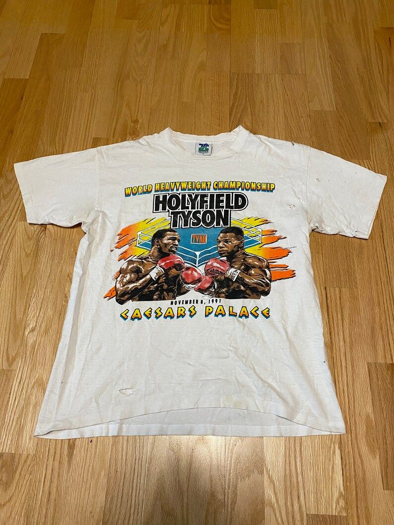 Holyfield Tyson 1991 Caesars Palace Boxing Distressed White Cotton Single Stitch Short Sleeve