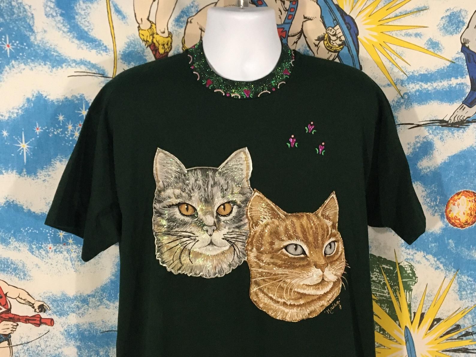 Insane Vintage Shimmering Cat Heads Shirt - Sz - Deadstock 80S 90S Single Stitch - Puffy Paint Embellished Cat Lady Tee
