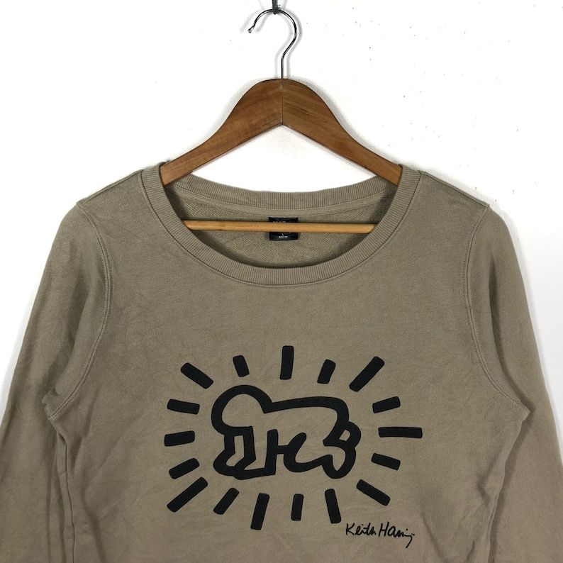 Keith Haring Pop Art Baby Crawl Printed Big Logo Keith Haring American Art Gray Crew Neck Sweatshirt