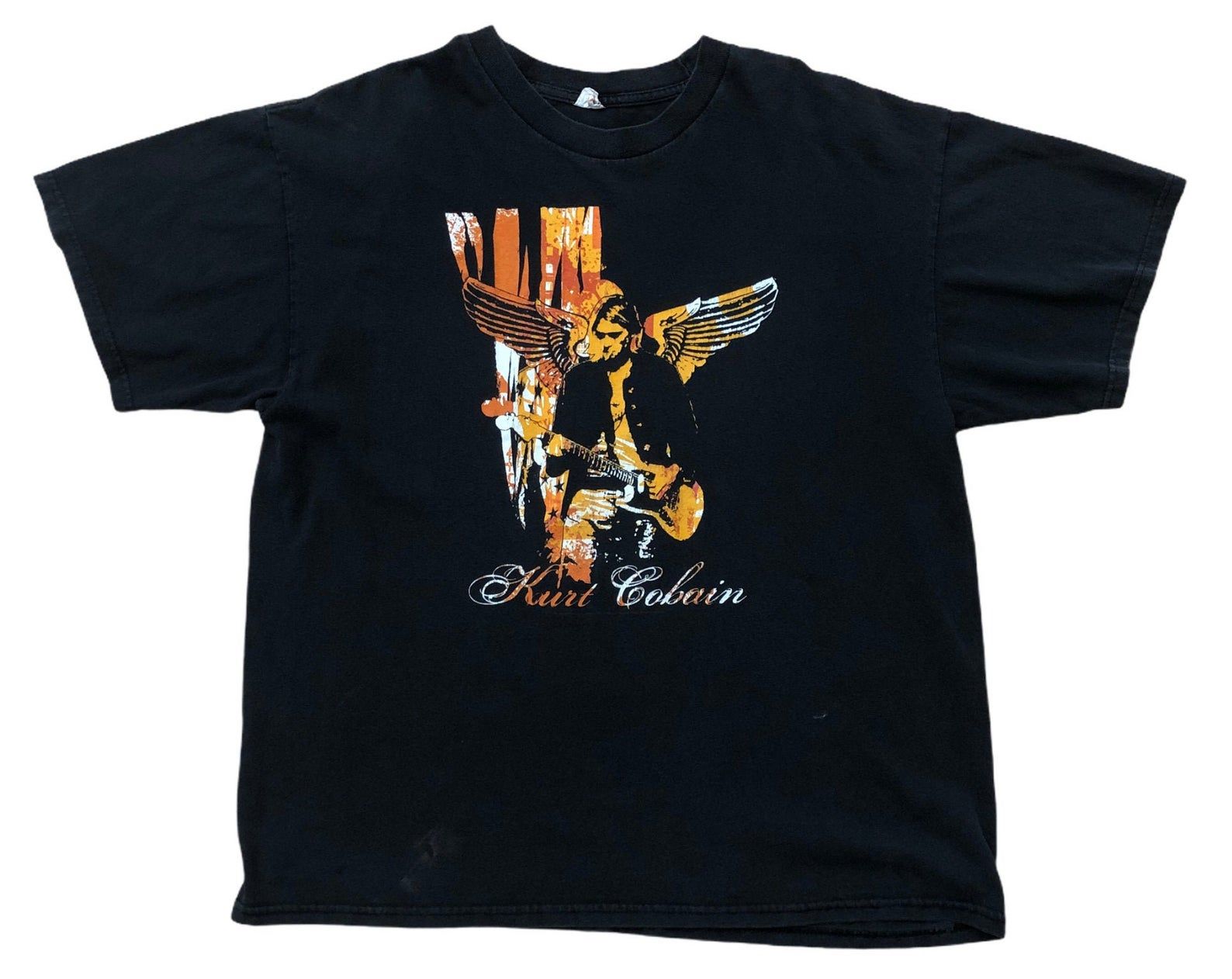 Kurt Cobain Vintage Nirvana Rare Wings Guitar Graphic In Utero Tour Concert Seattle Band Tribute End Of Music 00S Bleach Fade Black T-Shirt