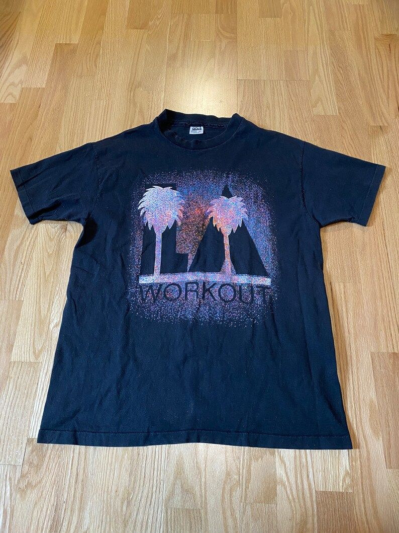 La Work Out Palm Tree Black Single Stitch Short Sleeve T Shirt