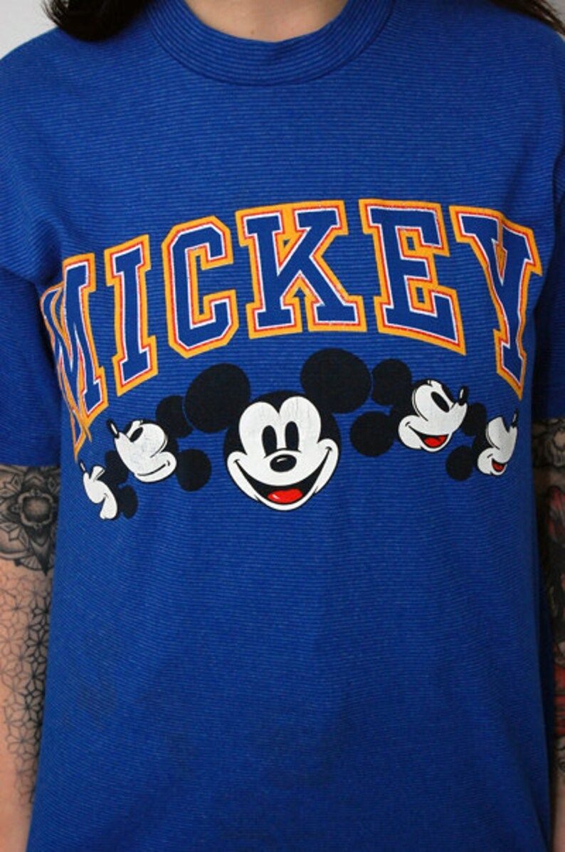Mickey Mouse T Shirt S Blue 90S Vintage Stripe Walt Disney Top Disneyland 1990S Tee Small Men Women Unisex Disneyworld Cartoon Gift Retro