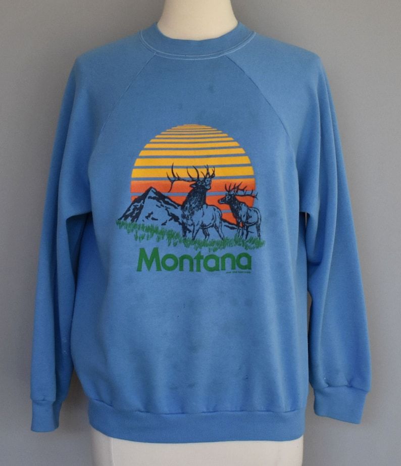 Montana Souvenir Sweatshirt Vintage 80S Moose Wildlife Raglan 1980S Environmental Eco Jumper Edium To Large