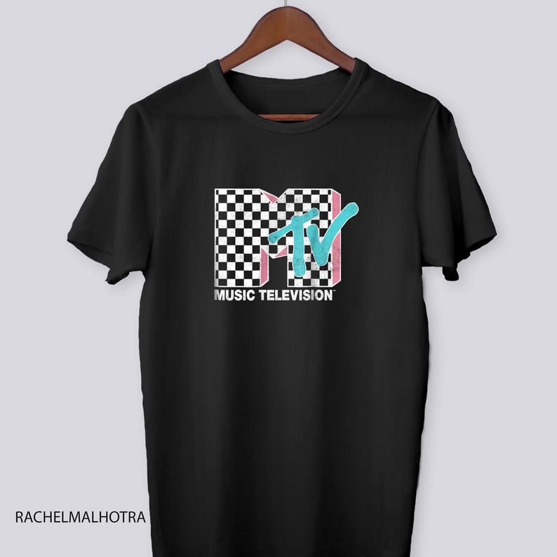 Mtv Neon Distressed Checkered Logo Graphic Shirt