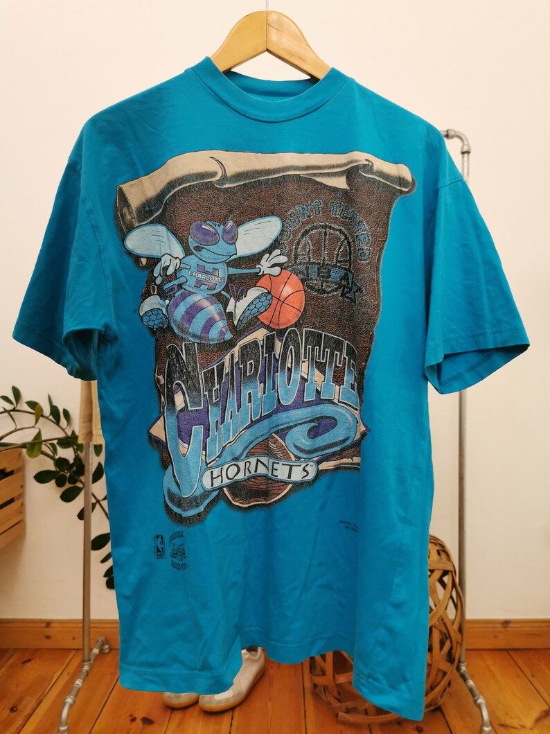 Nba Charlotte Hornets Vintage 90S Basketball T Shirt Size S M Blue Basketball Tee Nba Official Licensed Product Printed Graphic Tee