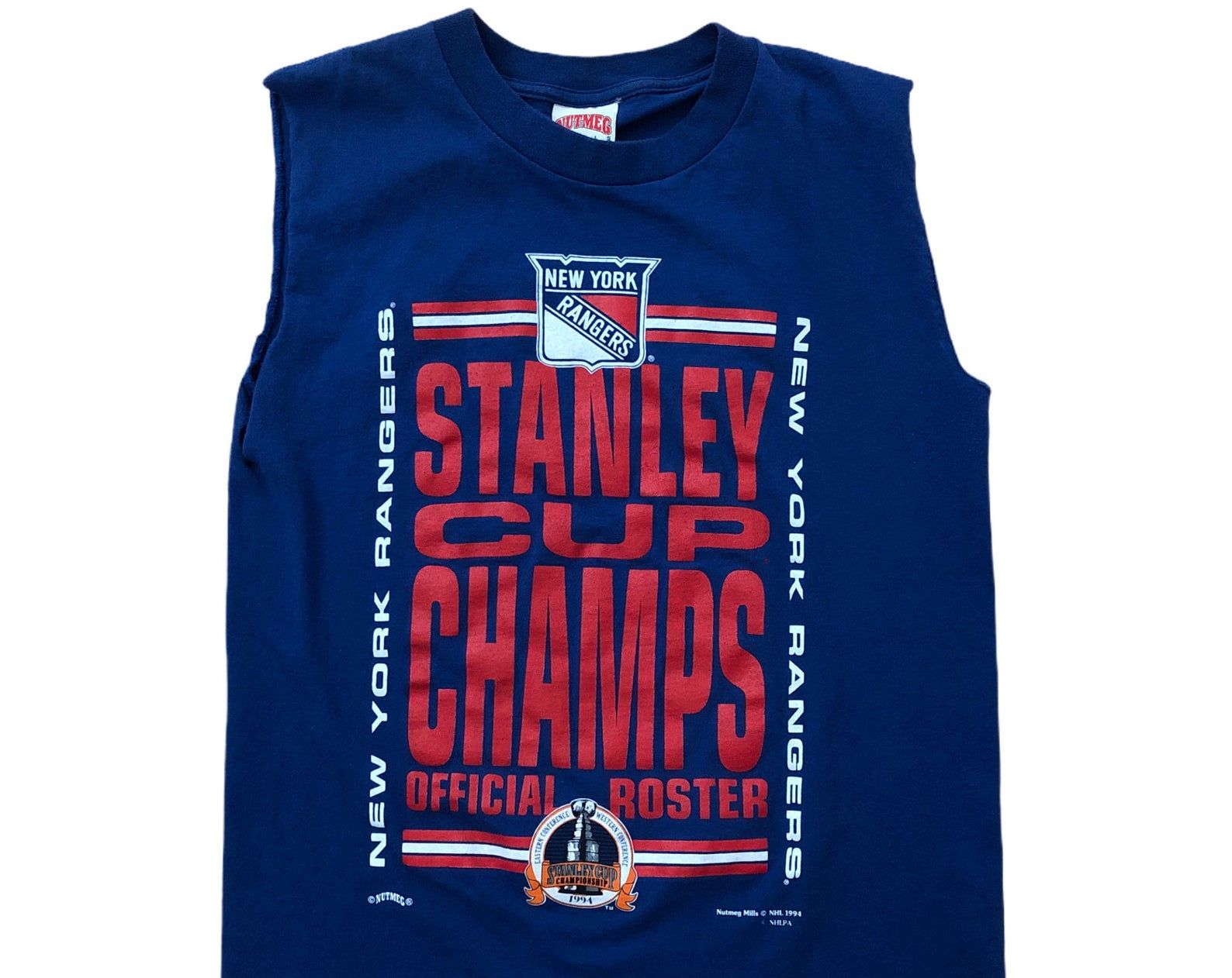 New York Rangers Vintage 1994 Stanley Cup Champions Nhl Hockey Mark Messier Leetch Richter Cut Off Hipster Nutmeg Mills Blue T-Shirt