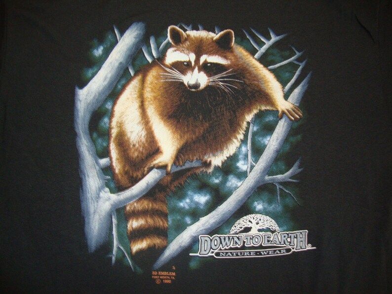Nos Vintage 3D Emblem Down To Earth Raccoon Biker Trucker New 1990 Deadstock T Shirt