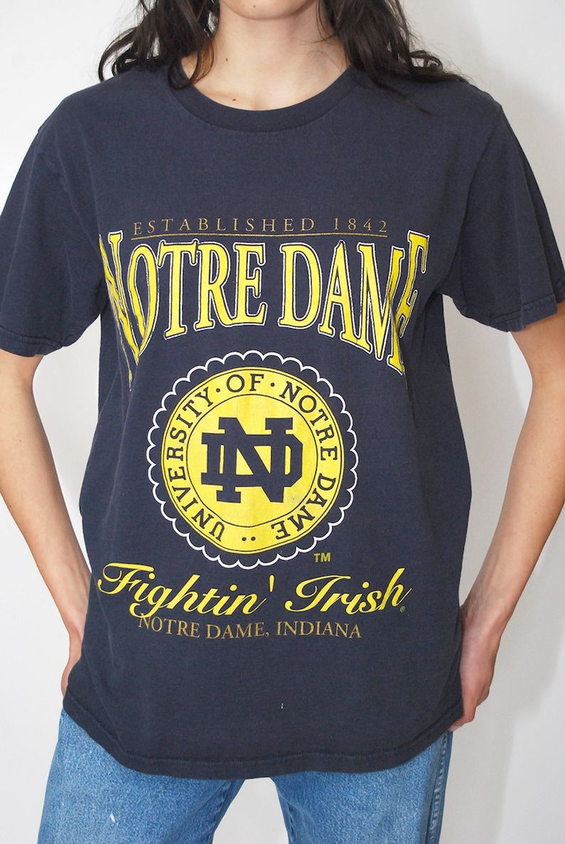 Notre Dame T Shirt M Vintage 90S Navy Blue Men Women Top Short Sleeve Made In Usa Fightin Irish University School College Sport Sportswear