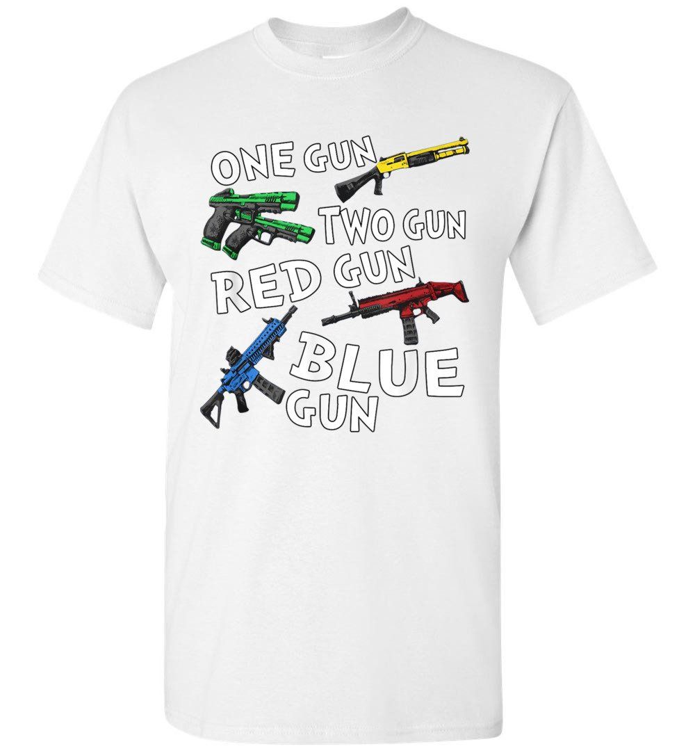 One gun two gun red gun blue gun T-shirt
