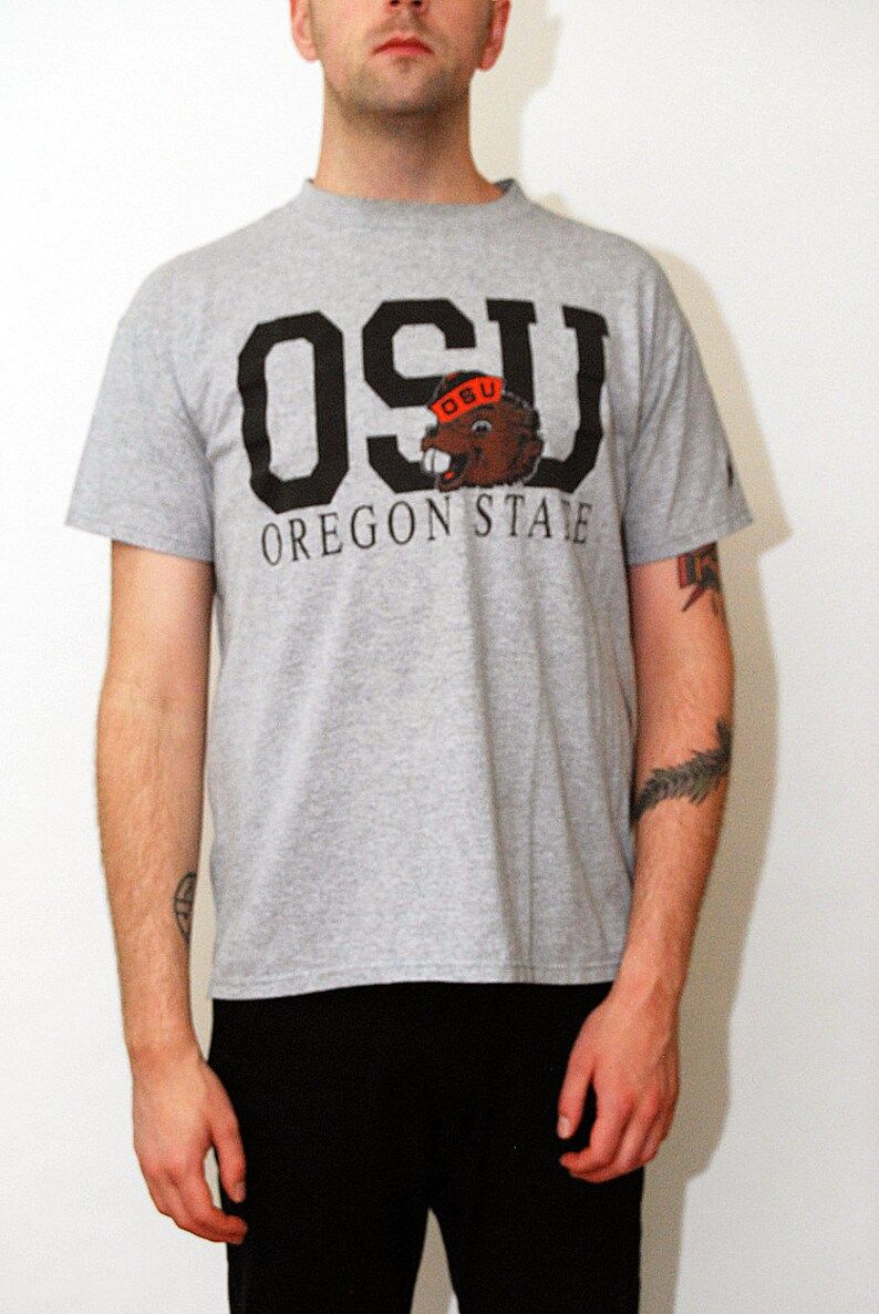 Oregon Beavers T Shirt L Vintage 90S State College University Portland Pdx Men Women Large Heather Gray Embroidered Print Stitched Logo