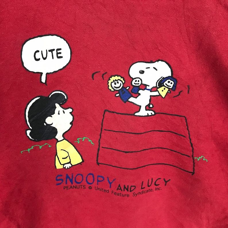 Peanuts Snoopy And Lucy Printed Big Logo Peanuts Cartoon Character Red Crew Neck Sweatshirt