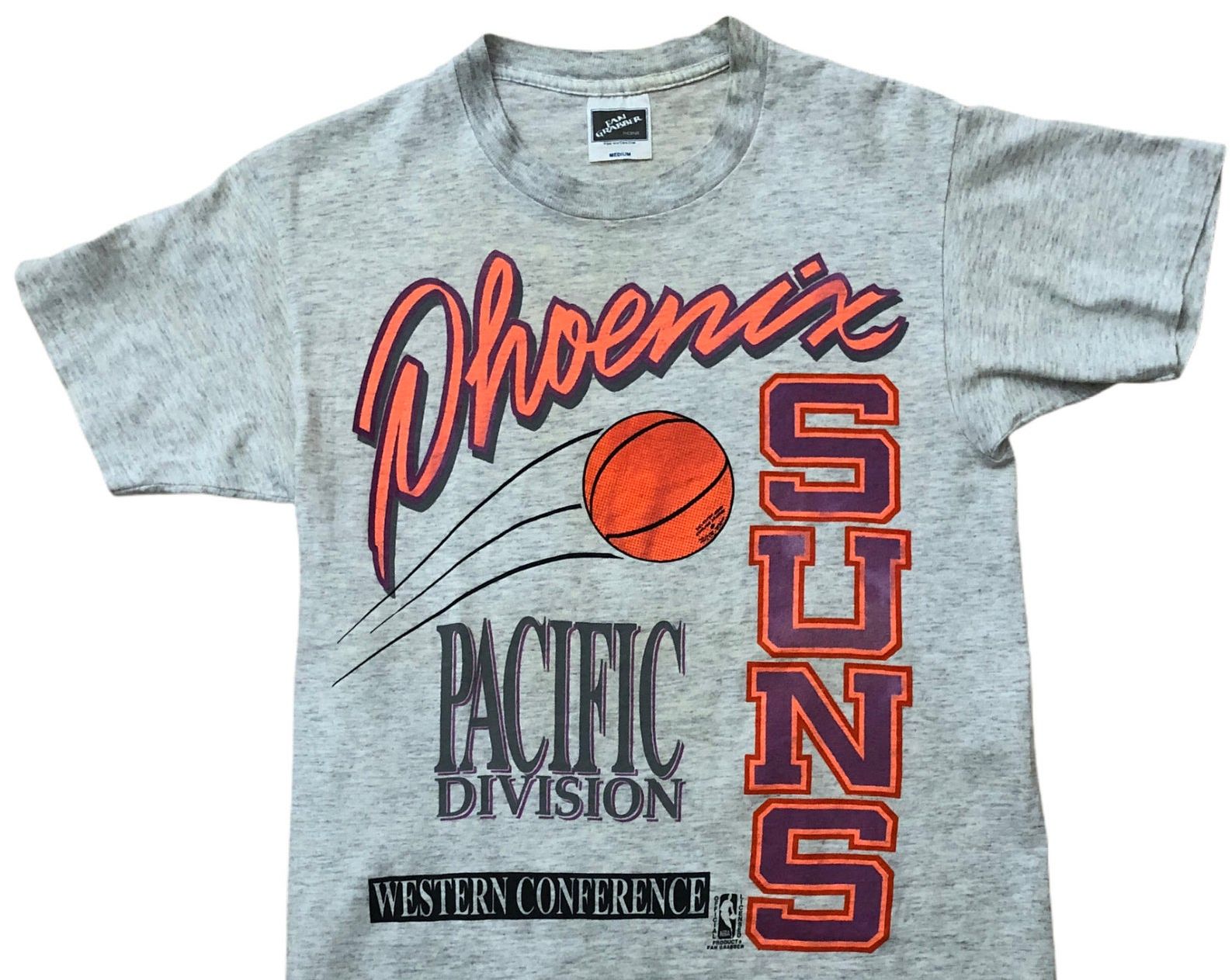 Phoenix Suns Vintage 80S 90S Fan Grabber Pacific Division Western Conference Nba Basketball Spell Out Graphic Single Stitch Usa Gray T-Shirt