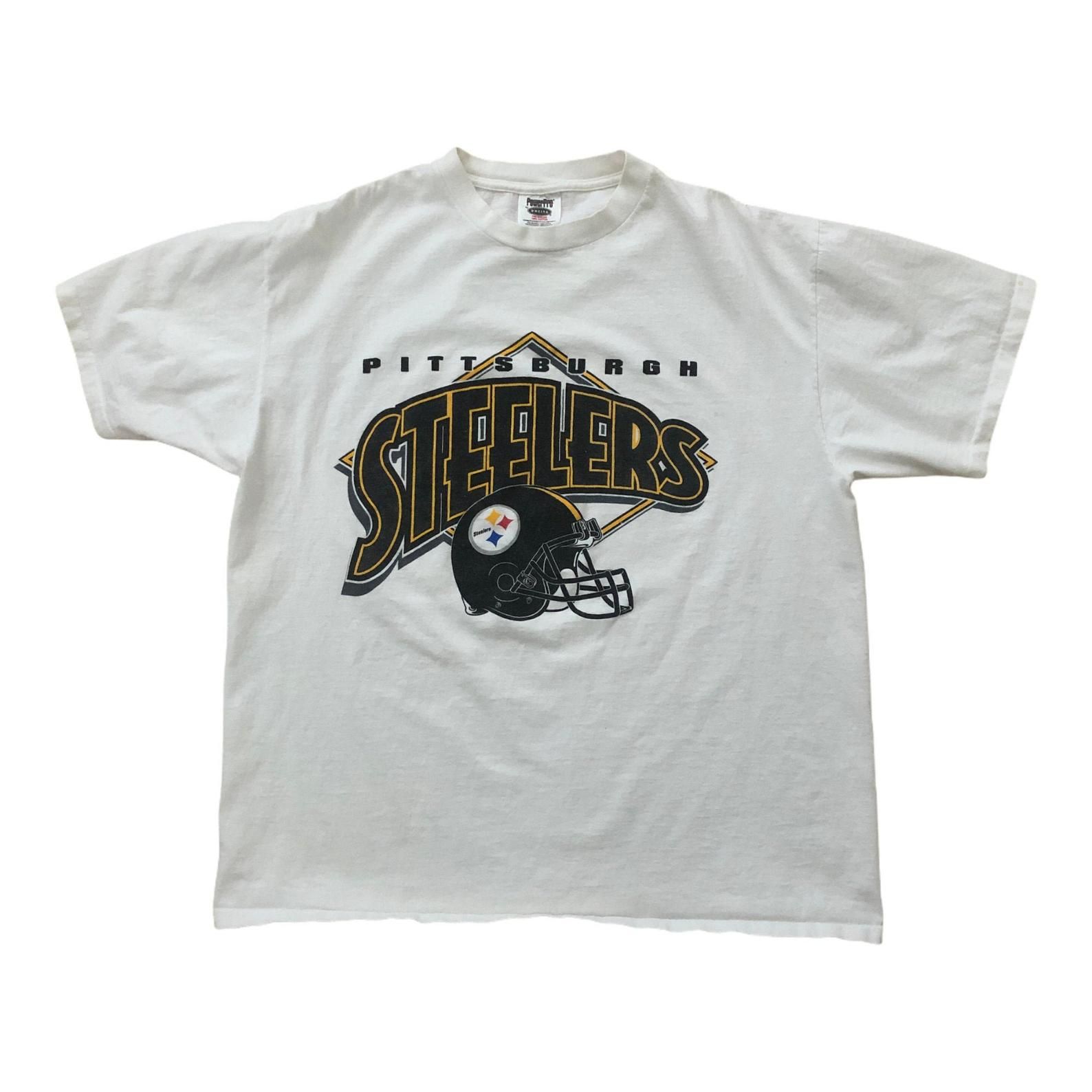 Pittsburgh Steelers Vintage Giant Helmet Logo Nfl Football 90S Spell Out Single Stitch Usa Power Pro Oneita Yellow Black T-Shirt