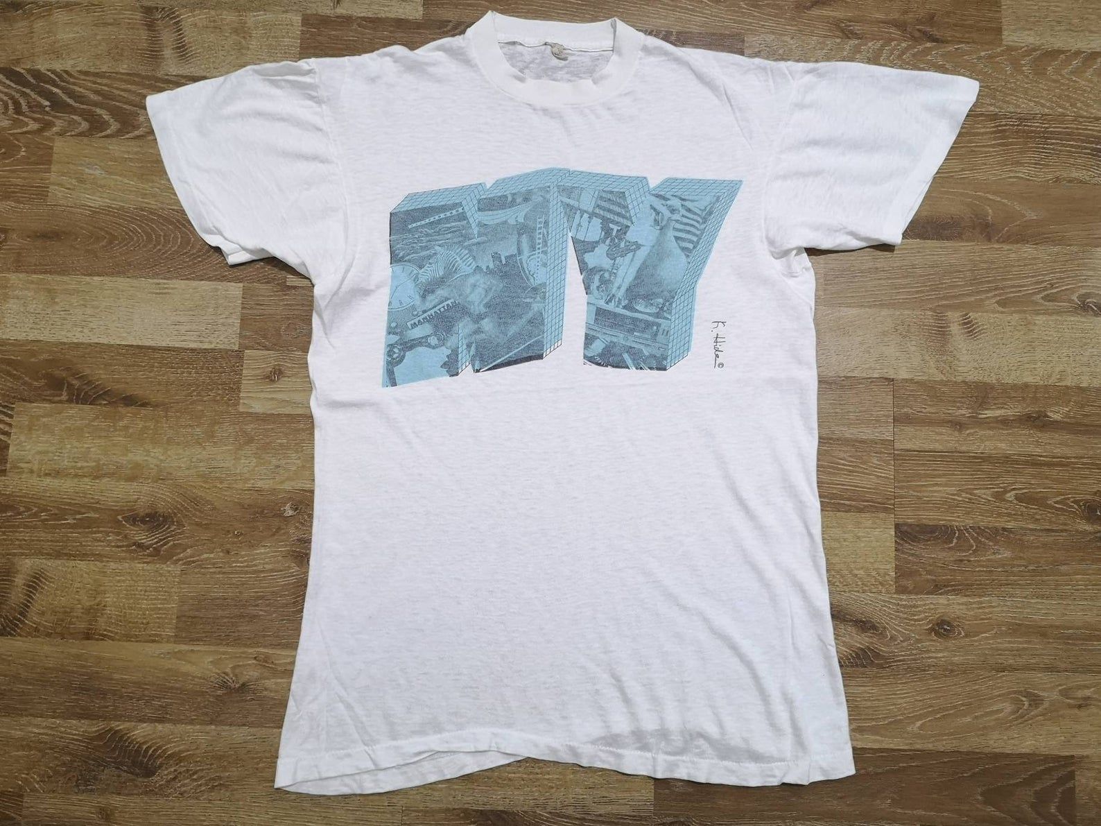 Rare! True Vintage Og 80'S New York Ny American Artwork Pop Art By K Hide Promo Screen Stars T Shirt Keith Haring Lacoste Vibes