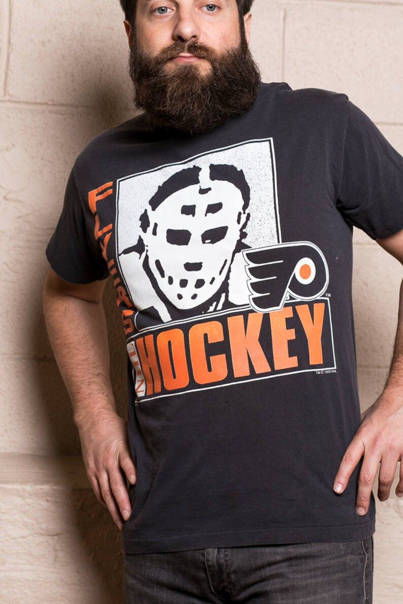 Rare 90S Vintage Philadelphia Flyers T Shirt Logo 7 1990 Nhl Hockey Orange And Black Edium Tocchet Hextall Berube