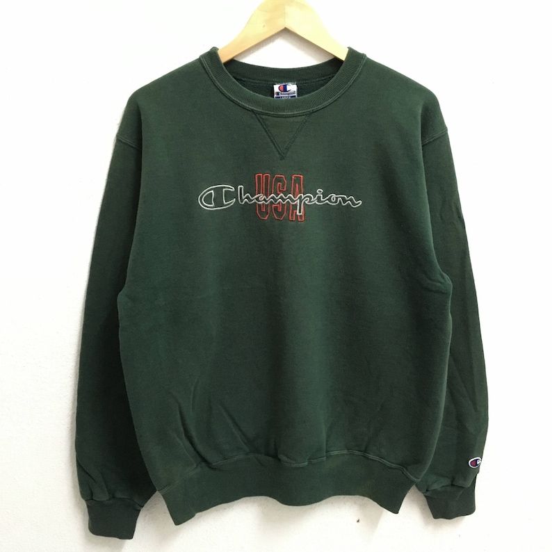 Rare Champion Big Logo Embroidery Spellout Crew Neck Green Colour Sweatshirts Hip Hop Swag L Size
