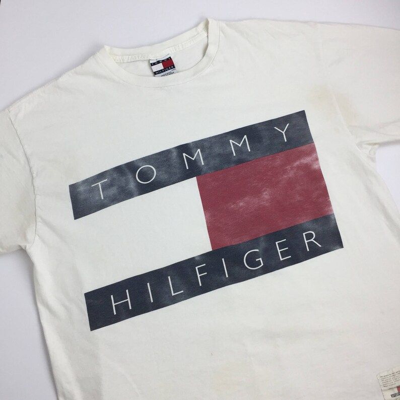 Rare Distressed Vintage 90S Tommy Hilfiger Big Flag Box Logo White Graphic Tee T Shirt