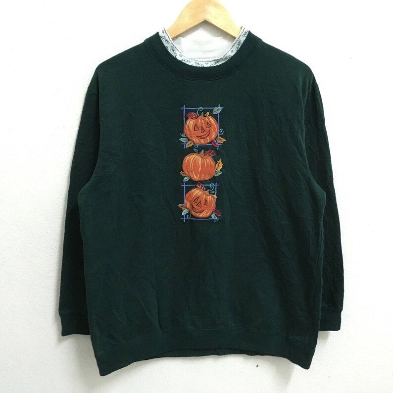 Rare Halloween Big Logo Embroidery Green Colour Crew Neck Sweatshirts Jumper Pullover Large Size