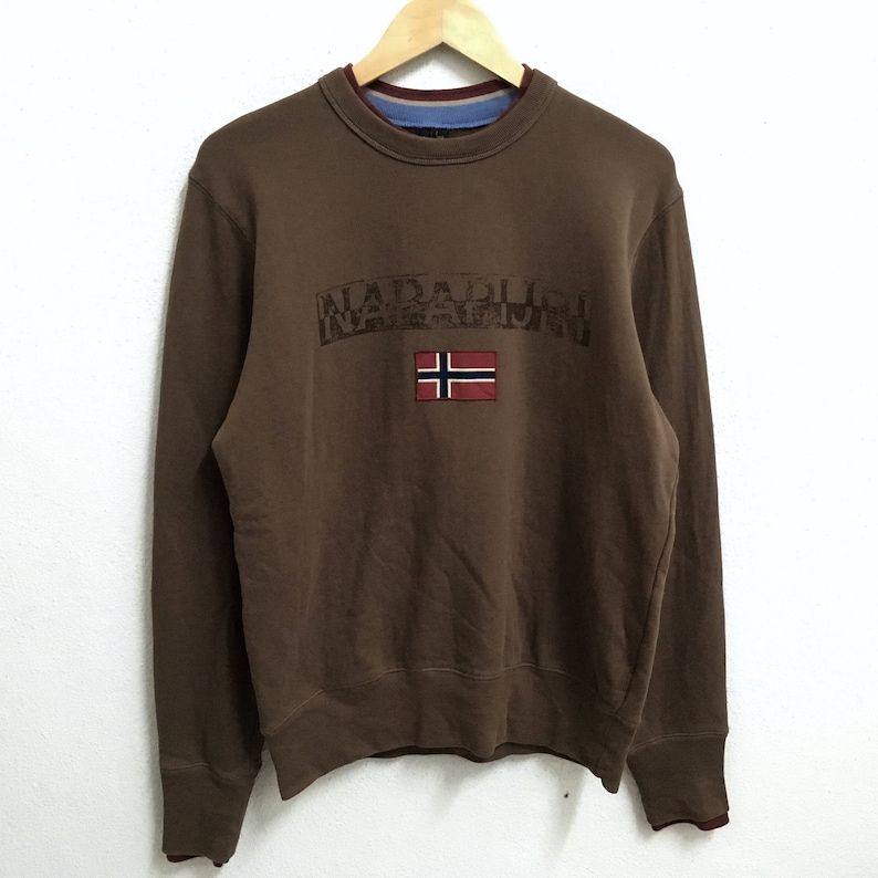 Rare Napapijri Outdoor Sportswear Big Logo Brown Colour Crew Neck Sweatshirts Jumper Pullover Medium Size