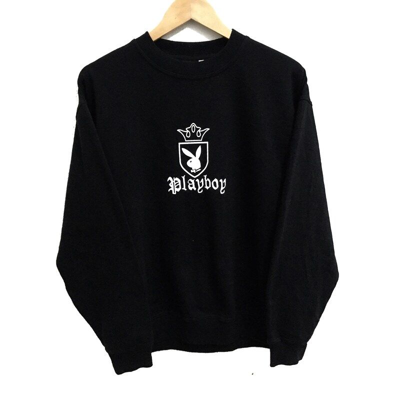 Rare Playboy Big Bunny Embroidery Black Colour Crew Neck Sweatshirts Jumper Pullover Large Size