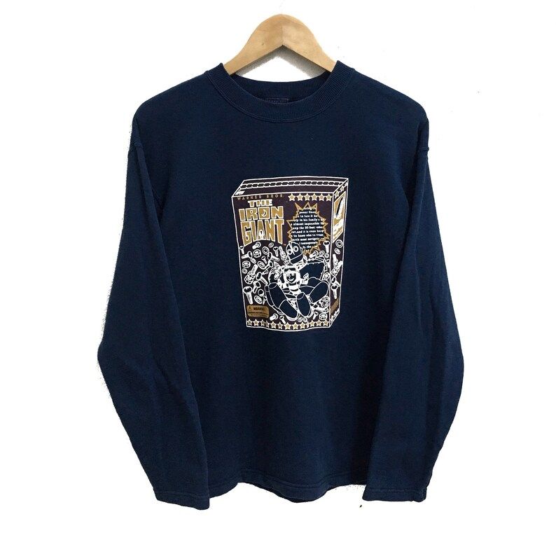 Rare The Iron Giant Robot Animation Fiction By Warnes Bros Big Logo Dark Blue Colour Crew Neck Sweatshirts Jumper Pullover Medium Size