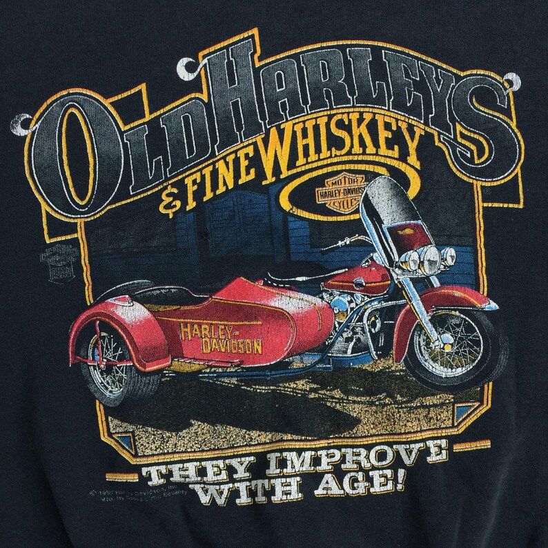 Rare Unisex Vintage 80S 1988 88 Harley Davidson Old Harleys And Fine Whiskey Pullover Crewneck Moto Motorcycle Graphic Sweatshirt