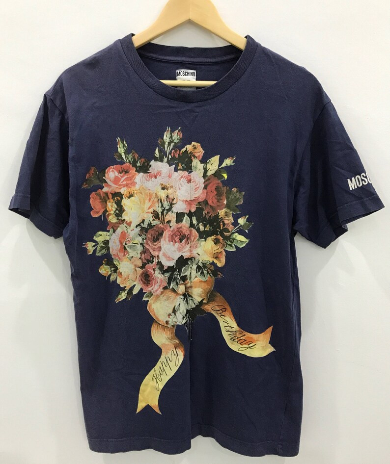 Rare Vintage 90S Moschino Jeans Tshirtjeremy Scottmade In Italyflowers Bouquet For Happy Birthday