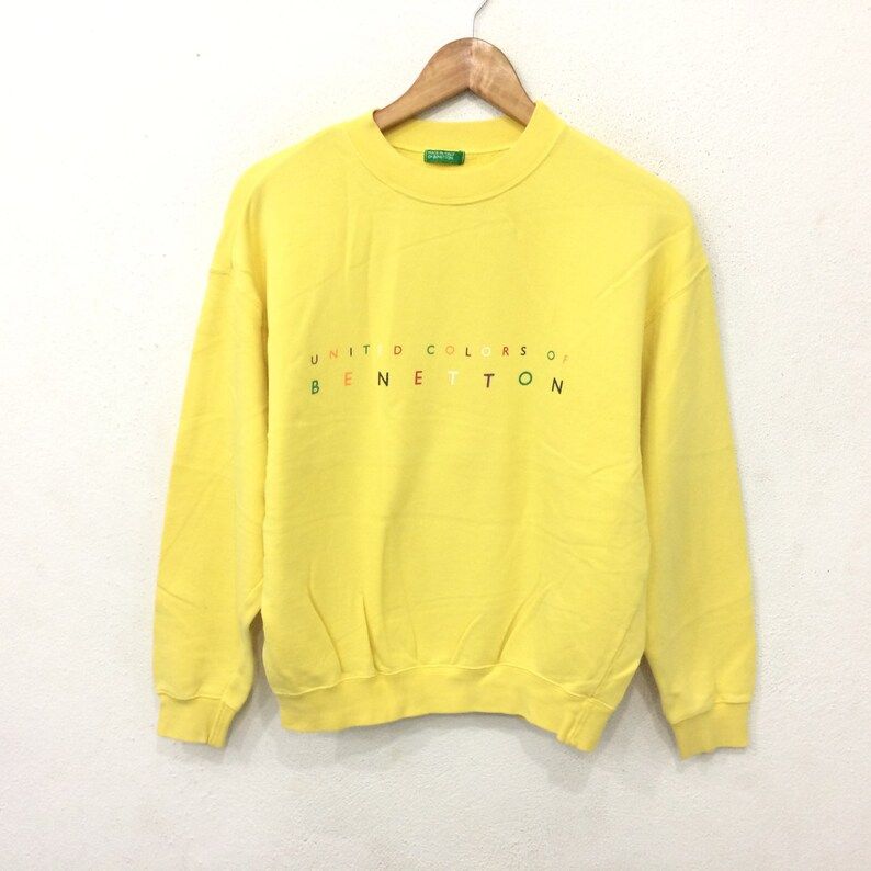 Rare Vintage 90S United Colors Of Benetton Multicolor Spellout Crew Neck Sweatshirt Made In Italy Yellow Color
