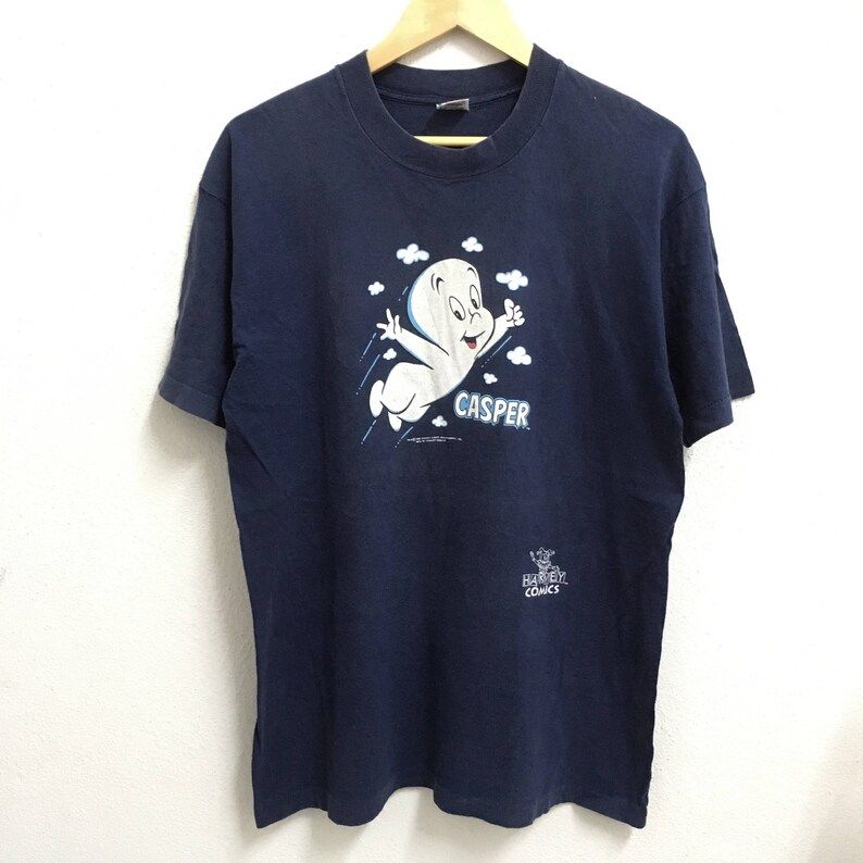 Rare Vintage Casper Cartoon Movies By Harvey Comics Big Logo Dark Blue Colour Crew Neck T Shirts Large Size rare vintage casper cartoon movies by harvey comics big logo dark blue colour crew neck t shirts large size